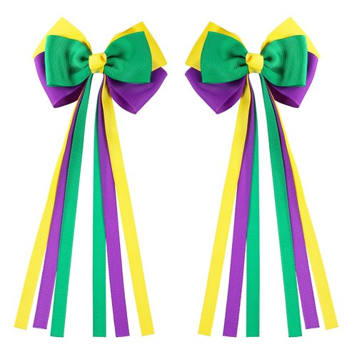 Mardi Gras Long Ribbon Bow Hair Clips Kids Green Purple Yellow Fat Tuesday Cheer Bow Alligator Barrettes Carvinal Parade Outfit Costume Decoration Stuff Party Gift for Women Girls