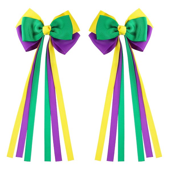 Mardi Gras Long Ribbon Bow Hair Clips Kids Green Purple Yellow Fat Tuesday Cheer Bow Alligator Barrettes Carvinal Parade Outfit Costume Decoration Stuff Party Gift for Women Girls