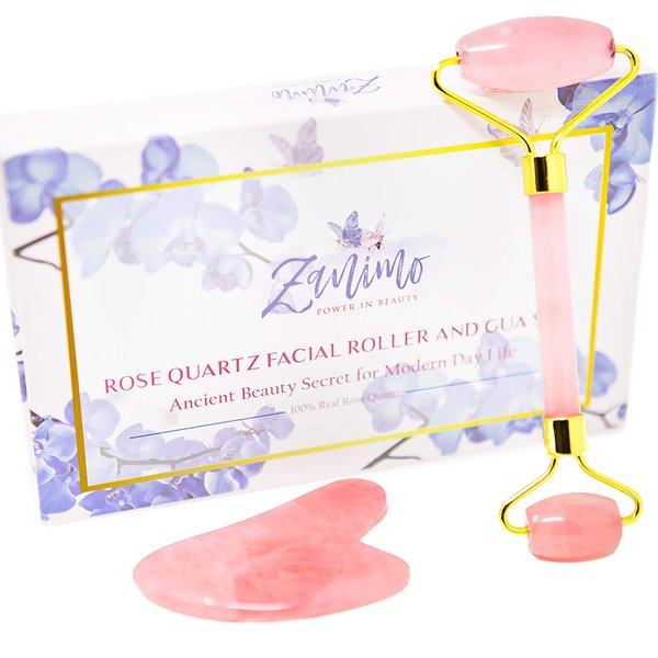 Jade Face Roller and Gua Sha Set, Facial Beauty Roller and Face Massager, Rose Quartz Skincare Tools, Anti Aging, Reduce Wrinkles and Relieve Muscle Tension