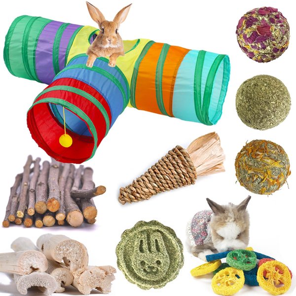 Mechpia Rabbit Toys, Bunny Tunnels and Tubes with Chew Toys for Grinding Teeth Apple Sticks Bamboo Carrot Loofah and Grass Ball for Rabbit Guinea Pig Chinchilla Ferret Rat