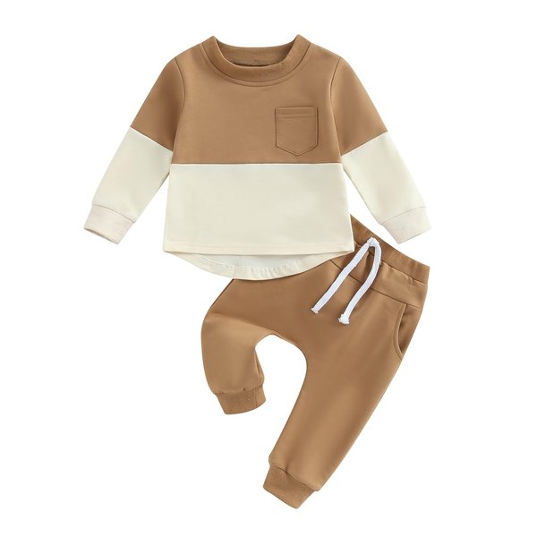 Thorn Tree Toddler Baby Boy Outfits Long Sleeve Contrast Color Sweatshirt Solid Pants Autumn Winter Clothes Set (Brown & Beige,18-24 Months)