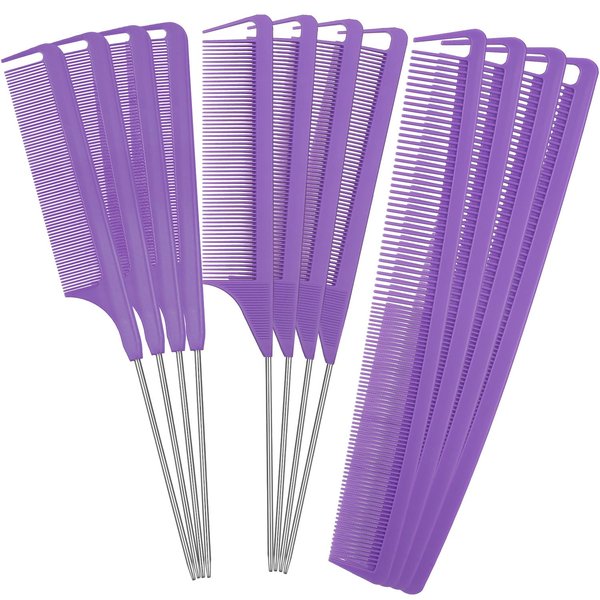 Patelai 12 Pieces Parting Comb for Braids Rat Tail Comb Steel Pintail Comb Fine Teeth Comb Heat Resistant Teasing Combs with Stainless Steel Pintail (Purple)