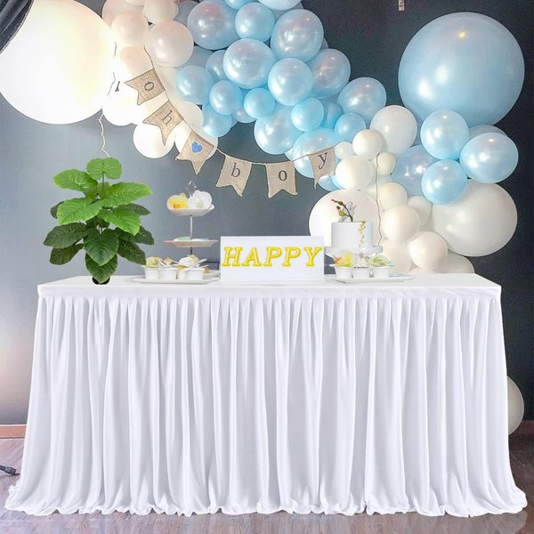Pleated White Table Skirts for Rectangle Desk 14ft Length Baby Shower Wedding Birthday Gender Reveal Parties Dessert Cake Decorations