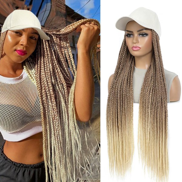 GUOJIAN 30inch Long Black Baseball Cap With Box Braids Wig Synthetic Hair Extension Crochet Braided Hat Wigs for Women (W27/613, 30inch)