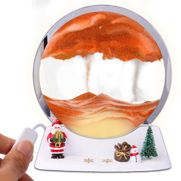 Moving Sand Art Lamp Round Glass Flowing Sand Frame, Sand Art Liquid Motion and 3D Deep Sea Moving Sandscapes, Christmas Gift for Office Work Desk Decorations(7", Yellow with Light)