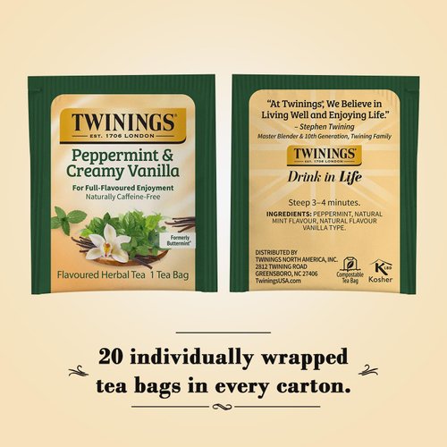 Twinings of London Tea Herbal Buttermint, Caffeine Free Peppermint Tea Blend with Natural Mint and Vanilla Flavor, 20 Individually Wrapped Tea Bags 