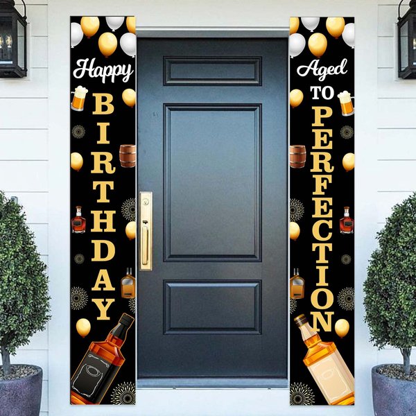 Happy Birthday & Aged to Perfection Banner Retro Black and Gold Whiskey Themed Decor Decorations for Front Door Porch Men 30th 40th 50th 60th 70th 80th 90th 100th Birthday Anniversary Party Supplies