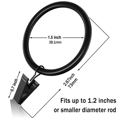 20Pcs Rustproof Drapery Matte Stainless Steel Metal Curtain Rings with Clips 1.5 inch Drapery Rings, Vintage Black (1.5" Interior Diameter)
