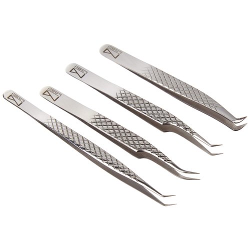 M LASH Tweezers for Eyelash Extensions (Set of 4) - Professional Lash Extension Tweezers - Fiber Tip, Japanese Steel, Diamond Grip Eyelash Extension Tweezer (Silver)