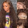 LEYBOCE 13x4 Transparent Lace Front Wigs Human Hair Chocolate Brown Curly Human Hair Wigs for Black Women 200% Density Glueless Lace Frontal Wigs Brazilian Virgin Human Hair Pre PluckedCurly Wigs