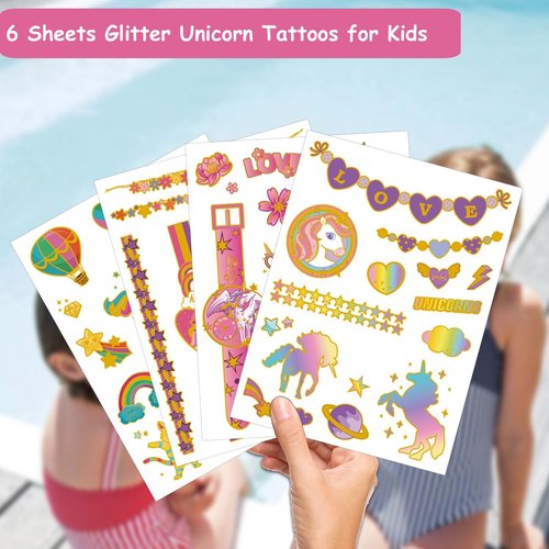 CHARLENT 65 Glitter Styles Unicorn Temporary Tattoos for Kids Party Supplies - 6 Sheets Glitter Unicorn Tattoos for Girls Unicorn Birthday Party Favors Goodie Bag Fillers