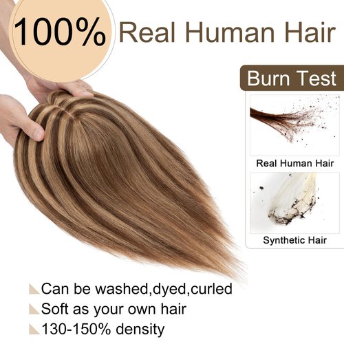 SEGO Hair Toppers for Women Real Human Hair No Bangs 130% Density 10 * 12CM Silk Base 100% Remy Human Hair Clip in Top Wiglet Hair Pieces for Thinning Hair-12 Inch Medium Brown&Dark Blonde