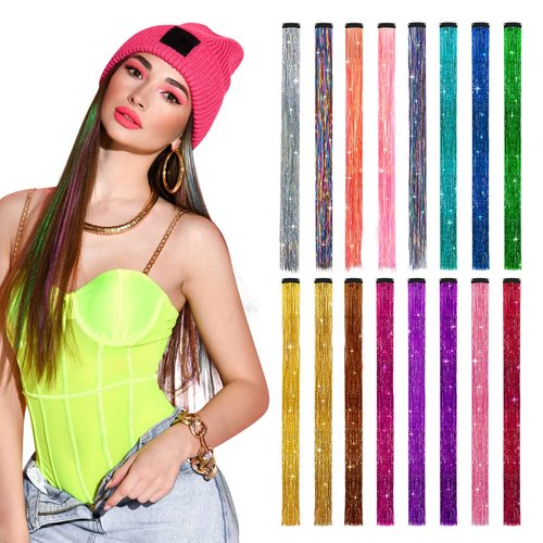 MYKURS Clip in Tinsel Hair Extensions for Kids, Glitter Hair Extension Clips, Fairy Hair Tinsel Kit for Girls, 16 PCS
