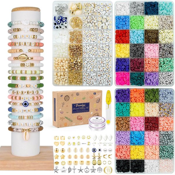 Paodey Bracelet Making Kit, 10,000 Pcs Polymer Clay Beads, 48 Colors Round Letter Beads Jewelry Making Kit Friendship Bracelets Heshi Beads with Charms Strings Crafts Gift for Girls Adults