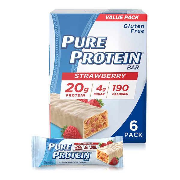 Pure Protein Bars, High Protein, Nutritious Snacks to Support Energy, Low Sugar, Gluten Free, Strawberry Greek Yogurt, 1.76oz, 6 Pack