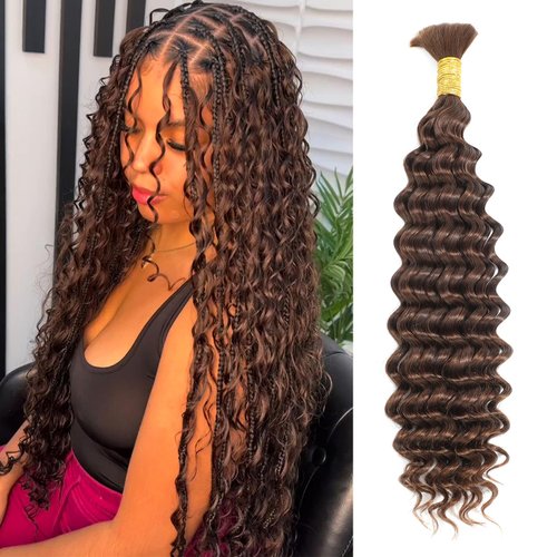 DSEKCAIN 4# Human Braiding Hair Bulk Human Hair For Micro Knotless Boho Braids Deep Wave Human Hair Put Curls In Bohemian Braids Deep Curly Braiding Human Hair Extensions Dark Brown 100g 16 Inch