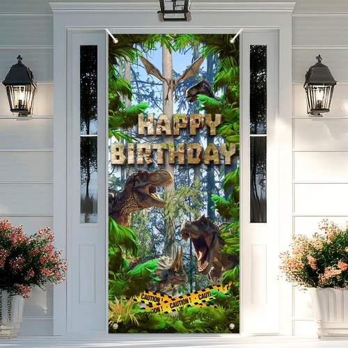 Dinosaur Happy Birthday Banner Backdrop Tyrannosaurus Rex Triceratops Jungle Dinosaur Themed Door Decor for Boys Girls Birthday Party Favors Decorations Supplies 35.4x72.8in-BECKTEN
