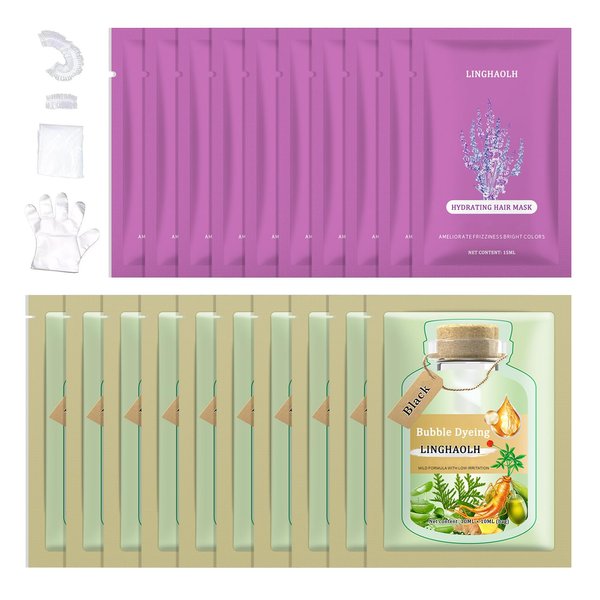 LingHaoLH Bubble Plant Black Hair Dye for Gray Hair Coverage,Botanical Bubble Hair Color Dye Shampoo with 10 Hair Mask & 4 Hair Dyeing Tools