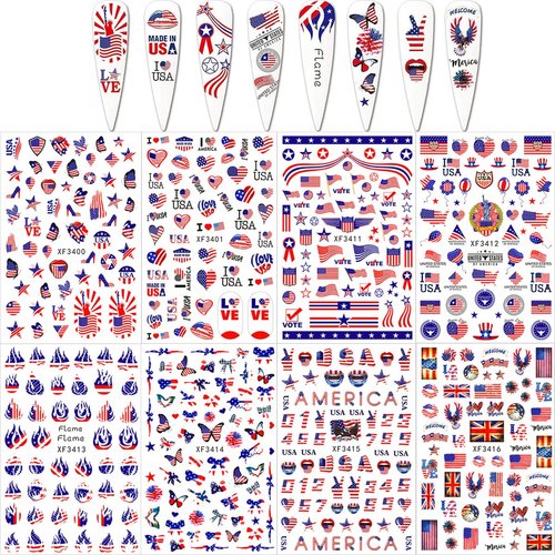 8 Sheets 4th of July Nail Stickers Independence Day Nail Art Stickers 3D Self-Adhesive USA Nail Decals American Flag Design Nail Art Supplies for Women DIY Acrylic Fourth of July Nail Decorations