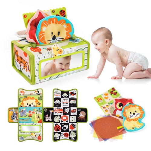 Jollybaby Mystery Tissue Box Toy for Baby 0-6-12 Month with Tummy Time Mirror Toy, Montessori Sensory Learning Toy for 1 Year Old Infant with Teether Crinkle Paper, High Contrast Toy for Newborn Gift