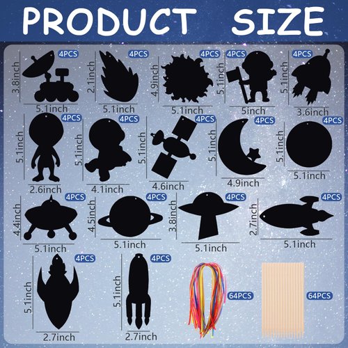 64 Set Space Theme Scratch Paper Rainbow Outer Space Scratch Cards DIY Rocket Scratch Paper Craft Art Cards Kits with Wood Stylus and Ribbon for Home School Decor Christmas Birthday Space Party Favors