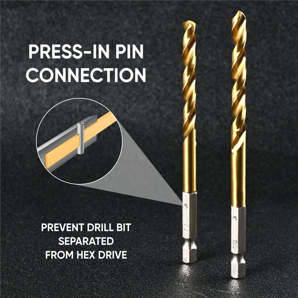 amoolo 1/8 Hex Shank Drill Bits, 10Pcs Titanium HSS Twist Impact Drill Bit Set for Metal, Steel, Wood, Plastic, Quick Change Design