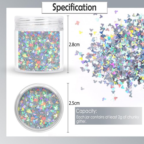 Laza 2g Chunky Glitter Mickey Mouse Shaped Confetti Nail Charms Holographic Sequins Stickers Sparkle for DIY Crafts Nail Art Decoration Party Face Body Make Up Resin - Laser Silver