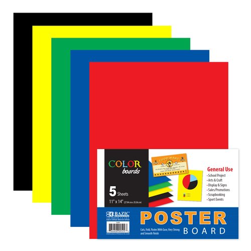 BAZIC Poster Board 11" X 14" Assorted Colored Poster Board Paper for School Craft Project Presentation Drawing Graphic Display (5/Pack), 1-Pack