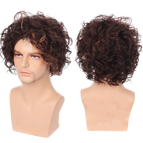 Tseses Curly Men Wig Short Brown Fluffy Layered Natural Looking Heat Resistant Synthetic Wigs with Wig Cap