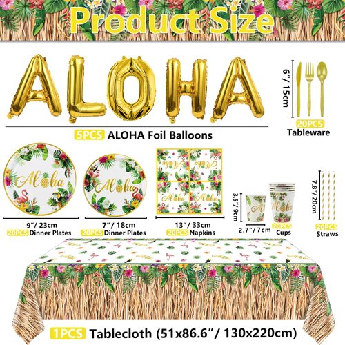 Luau Party Decorations, Hawaiian Party Decorations Aloha Party Supplies with Plates, Grass Skirt Tablecloth, Napkins, Cups, Aloha Balloon for Summer Beach Party Hawaii Luau Party