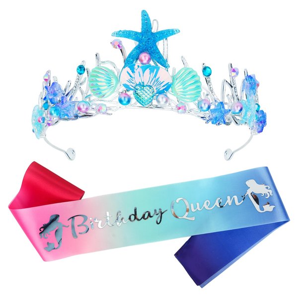 GAFATORY Blue Mermaid Crown and Sash for Women Birthday Crown and Sash for Birthday Queen Mermaid Adult Crown Ocean Theme Mermaid Birthday Decoration Birthday Gift Seashell Fishtail Crown Halloween
