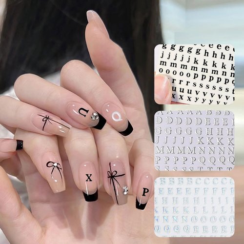 8 Sheets Letters Nail Art Stickers, English Alphabet Nail Decals,3D Self Adhesive Black Alphabet Nail Art Supplies Metallic Gold Silver Nail Sticker for Women DIY Nail Decoration Manicure