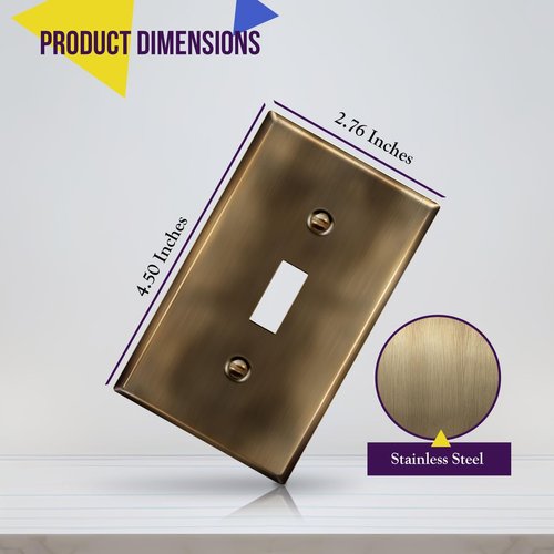 ENERLITES Toggle Light Switch Metal Wall Plate, Stainless Steel Switch Cover, Corrosion Resistant, Standard Size 1-Gang 4.50" x 2.76", Stainless Steel 201, 7711-AB-5PCS, Antique Brass, 5 pack