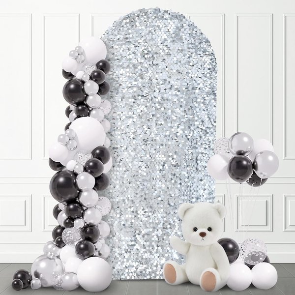 SaitiMade 6 FT Bling Arch Backdrop Cover, Silver Sequin Wedding Arch Stand Cover, Round Top Fitted Chiara Backdrop Cover for Birthday Party Ceremony Baby Shower Banquet Decoration
