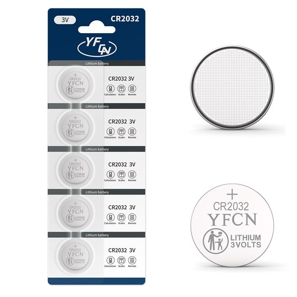 YFCN CR2032 Battery 3V Lithium Battery 5 Count Pack - CR 2032 Coin Button Batteries - 10 Years Shelf Life