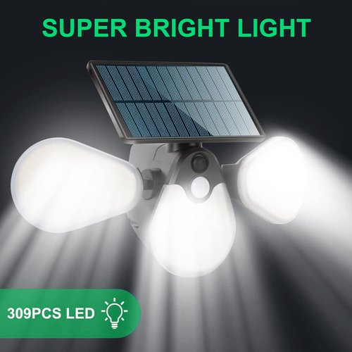 Hotomely Solar Motion Sensor Lights, Solar Lights Outdoor with 309 LED IP65 Waterproof Wall Lights with 3 Heads Wide Angle Flood Security Light for Garage Yard Patio-1 Pack
