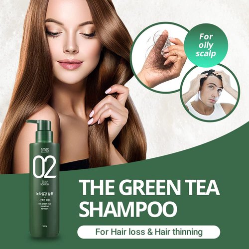 AMOS PROFESSIONAL The Green Tea Shampoo Refresh [For Oily Scalp] 17.6oz (500g) | Anti-Hair Loss & Hair Growth Shampoo for Cleanse Excess Sebum and Hair Growth | Korean Hair Growth Shampoo