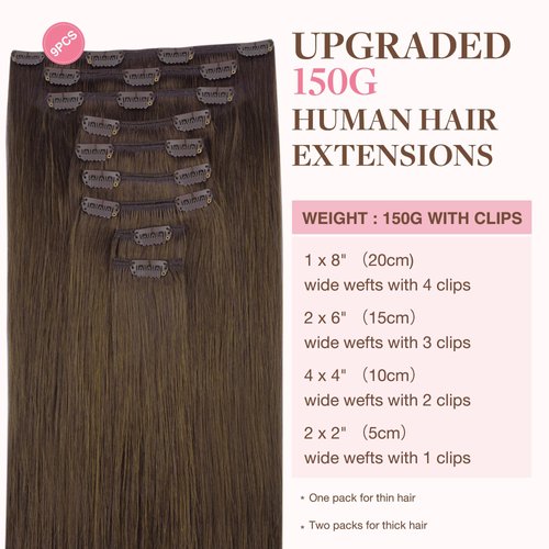 GOO GOO Clip in Hair Extensions Real Human Hair, 16inch 150g 9Pcs, 4A Chocolate Brown, Remy Human Hair Extensions Clip ins for Women, Natural Human Hair