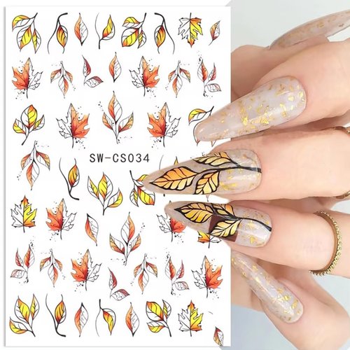 Autumn Maple Leaf Nail Art Stickers Fall Leaf Nail Decals 6PCS Leaf Plant 3D Self-Adhesive Nail Art Supplies Decals Fall Sticker for Nails Holiday Manicure Accessories for Women Nail Art Decorations
