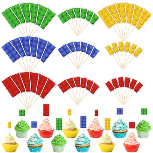 48 Pieces Color Building Block Themed Cupcake Toppers Building Block Party Favors Building Block Party Decorations for Kids Adults Party Supplies