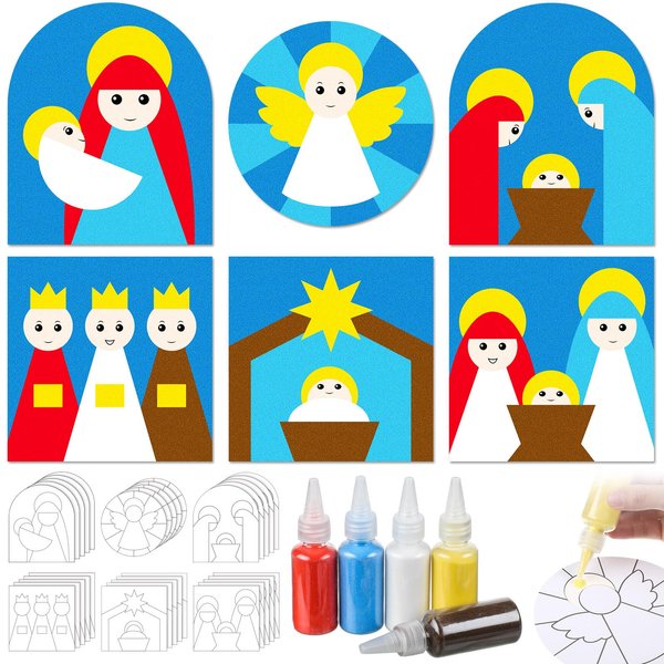 Tellegloww 24 Set Christmas Sand Art Crafts for Kids Christmas Nativity Crafts Sand Art Kit Nativity Scenes Painting Kit with Colored Sand DIY Christian Sand Art for Christmas Religious Activities