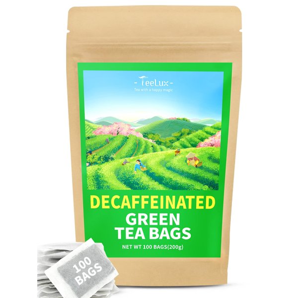 TeeLux Decaf Green Tea Bags, Pure Decaffeinated Green Tea, Super Antioxidant, 100 Count Tea Bags for Hot & Iced Tea