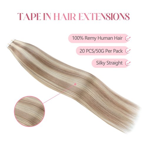 Sixstarhair Tape In Hair Extensions 20 Pieces Remy Human Hair Highlight Hair Extensions Color Swedish Blonde and Ash Blonde Piano Color For Beautiful Girl 50g/20 Pieces Pack [Color 20/60# 20inch]