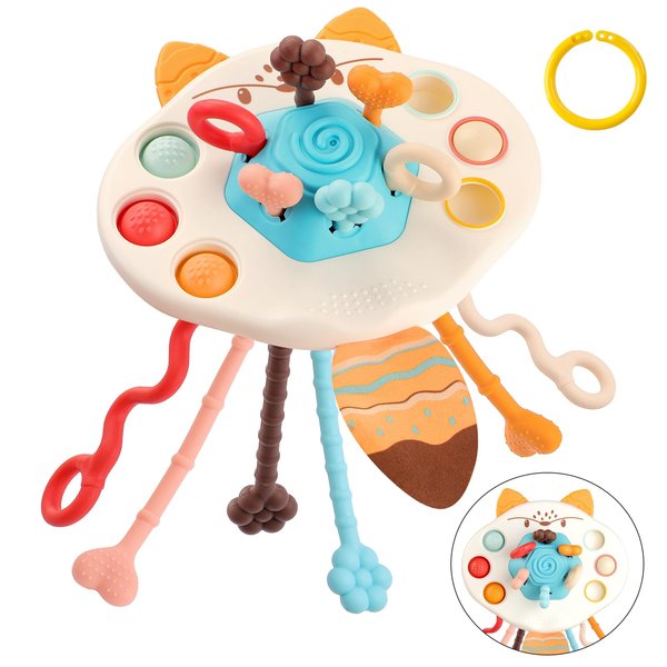 BEBOAN Montessori Pull String Toys Food Grade Silicone Sensory Pulling Toys for Babies 6-12 Months, Airplane Travel Car Stroller Activity Toy Gift for Toddlers Boys Girls 1 2 3 Year Old (Fox Shaped)