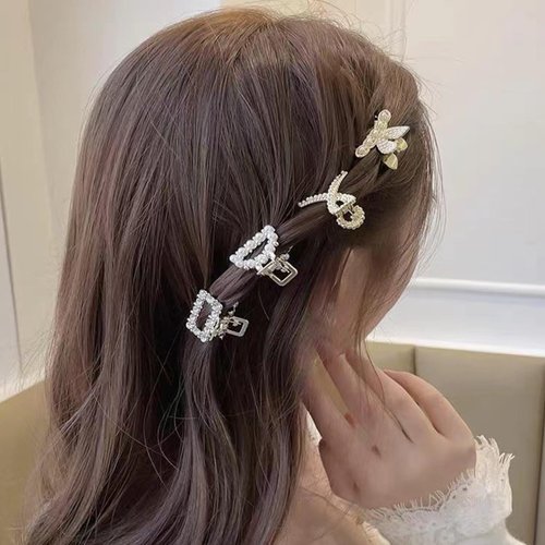 papasgix Pearl Hair Claw Clips, Bow Claw Clips, Butterfly Hair Clips, Small Gold Metal Claw Clips, Hair Accessory for Women Girls (2Pearl+2Rhinestone)