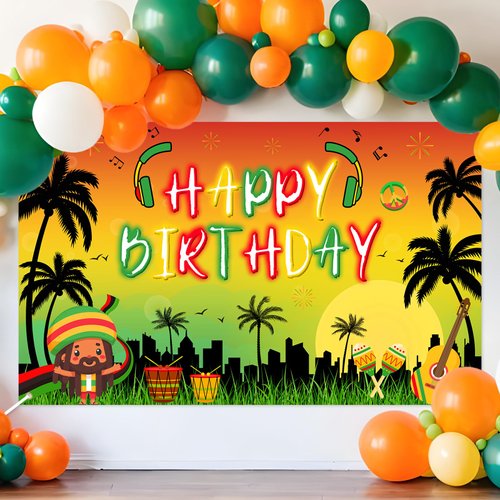 Avezano Reggae Birthday Backdrop Palm Tree Reggae Party Decorations Banner Rasta Jamaican Music Themed Happy Birthday Party Supplies Reggae Music Party Banner 70.8 x 43.3 Inch