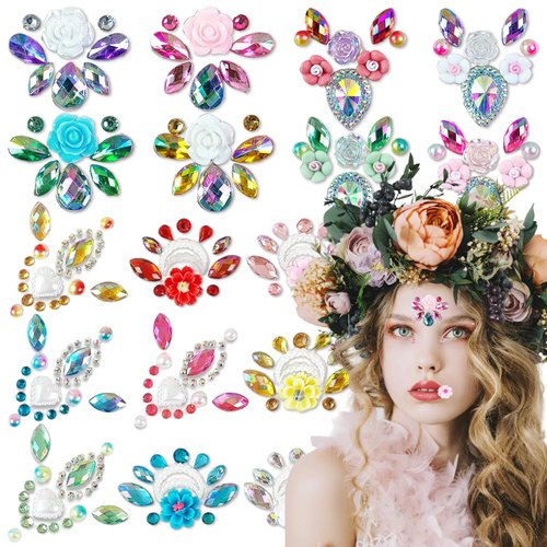 BASEMMAHER 17Pcs Face Eyes Gems Tattoo Stickers 3D Flowers Rhinestone Crystal Pearl Mermaid Diamond Forehead Sticker Glitter Self Adhesive Eyeliner Makeup Decals for Women Girls Rave Festival Party