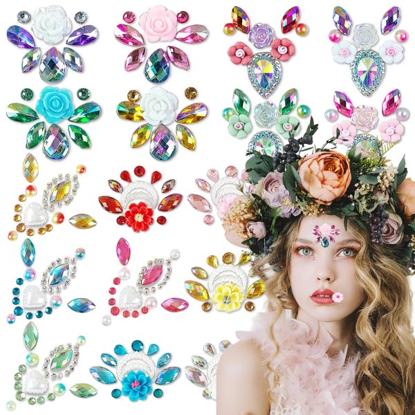 BASEMMAHER 17Pcs Face Eyes Gems Tattoo Stickers 3D Flowers Rhinestone Crystal Pearl Mermaid Diamond Forehead Sticker Glitter Self Adhesive Eyeliner Makeup Decals for Women Girls Rave Festival Party