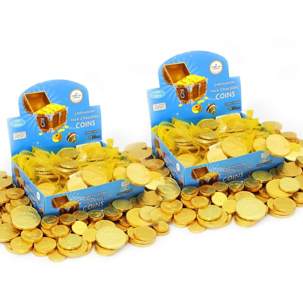 The Dreidel Company Hanukkah Chocolate Gelt, Milk Chocolate Coins, Made in Israel, Kosher Certified Cholov Yisroel Chanukah Coins Box, 0.42 oz each (2-Pack, 48 Mesh Bags)