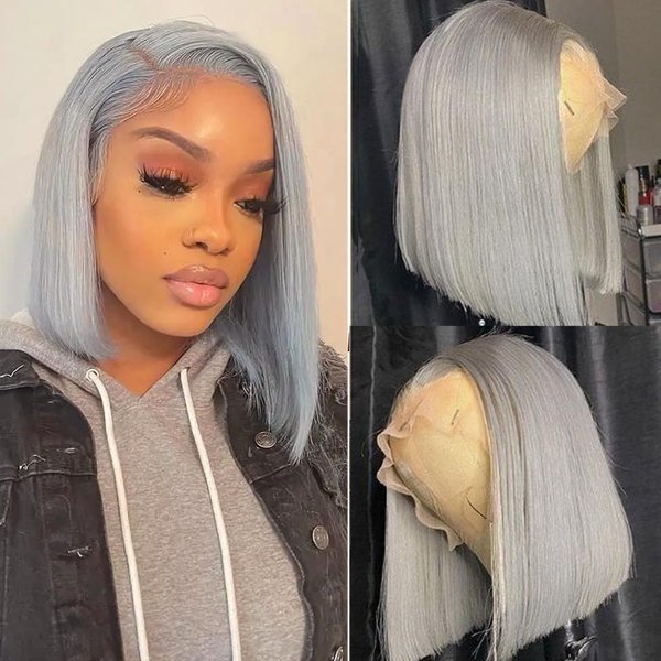 Bob Wig Human Hair Grey 13x4 Lace Front Wigs Human Hair Pre Plucked Hairline Middle Part Brazilian Virgin Human Hair Lace Front Wigs 12 Inch Bleached Knots Lace Front Short Bob Wig 180% Density
